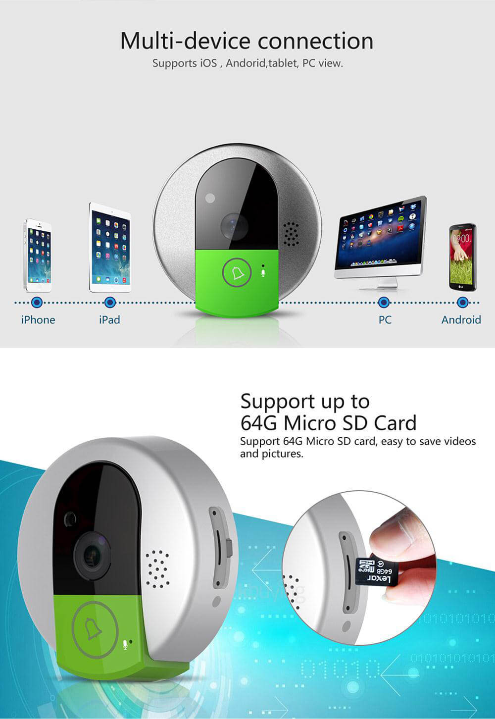 VStarcam C7895WIP 720P HD WiFi IP Camera Wireless Door Bell support SD Card Video Door Phone Recorder - Gray