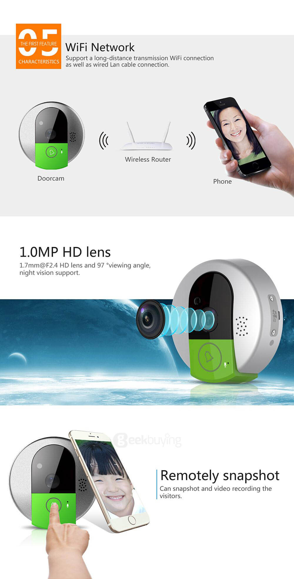 VStarcam C7895WIP 720P HD WiFi IP Camera Wireless Door Bell support SD Card Video Door Phone Recorder - Gray