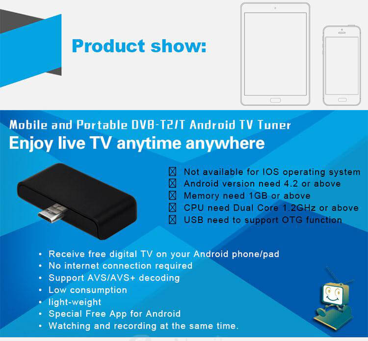 D206 DVB-T2 Live TV HD Digital TV Receiver TV Tuner Satellite Receiver TV Stick For Android Phone & Tablet