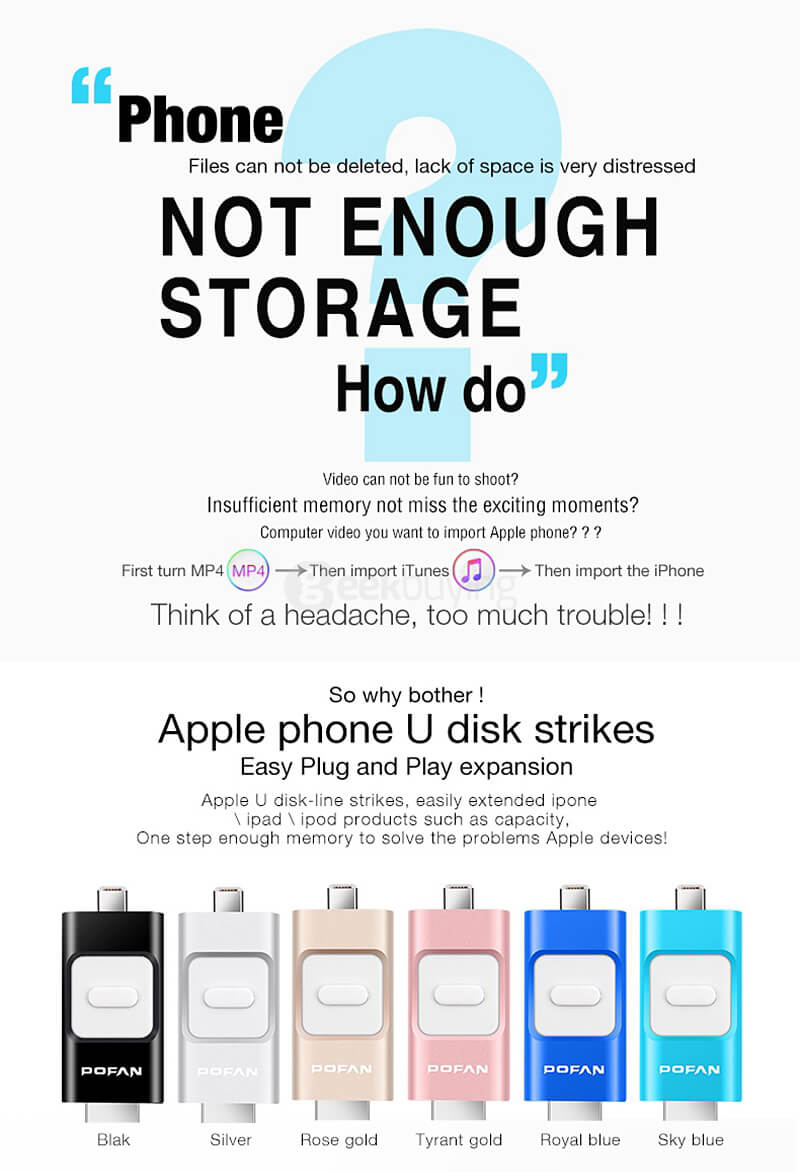 POFAN 3-in-1 32GB Mobile 8pin & USB 3.0 Flash Drive Push-Pull Type U Disk for iPhone iPad / PC / Android Phones - Black