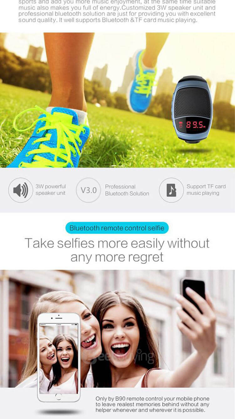 B90 Wireless Bluetooth Speaker Smartwatch with LED Display / Hands-free Call / TF Card Support / FM Radio / Remote Selfie - Blue
