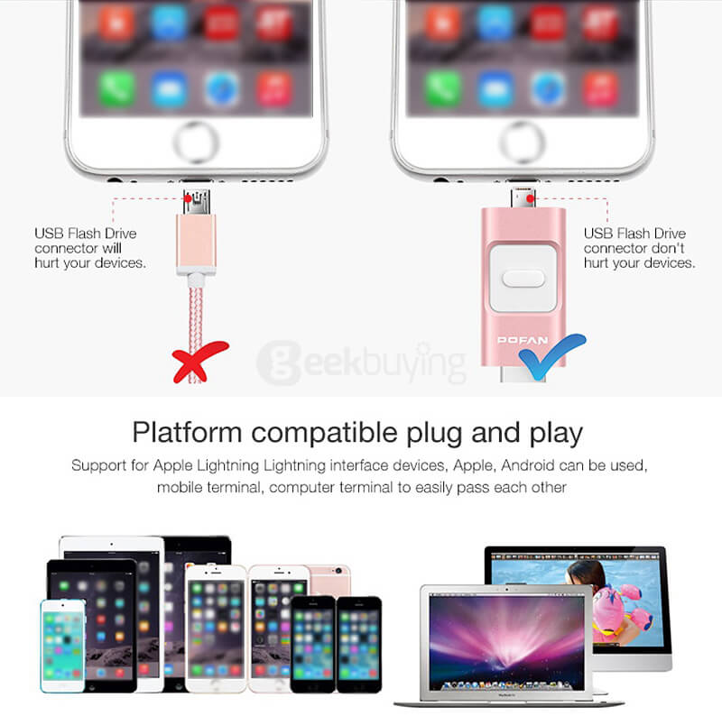 POFAN 3-in-1 32GB Mobile 8pin & USB 3.0 Flash Drive Push-Pull Type U Disk for iPhone iPad / PC / Android Phones - Black