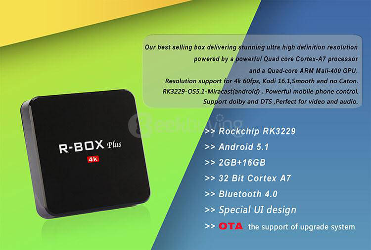 R-BOX Plus 4K Android 5.1.1 RK3229 2G/16G KODI 16.1 Preinstalled TV BOX WIFI Bluetooth4.0 HDMI Miracast DLNA