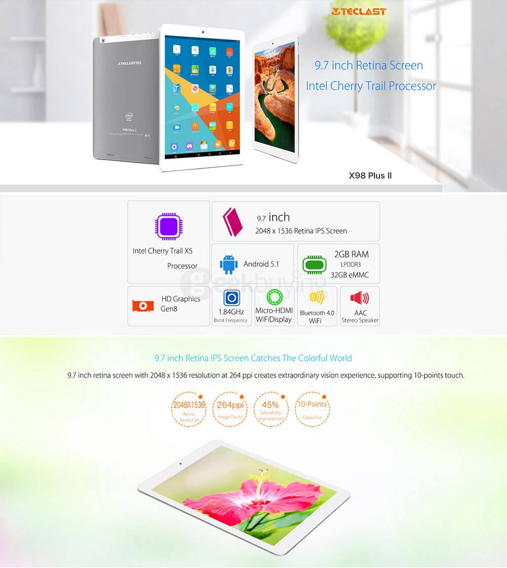 Teclast X98 Plus II Android 5.1 2in1 Tablet PC 9.7 inch 2GB/32GB Intel Cherry Trail Z8300 Quad Core 1.84GHz IPS 2048*1536 - Gray