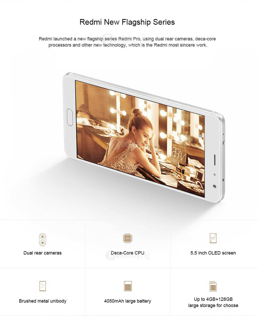 Xiaomi Redmi Pro 5.5inch OLED FHD Screen 4G VoLTE Android 6.0 Smartphone Helio X20 Deca Core 2.1GHz 3GB 32GB TOUCH ID Brushed Metal Body Type-C 4050 mAh - Silver
