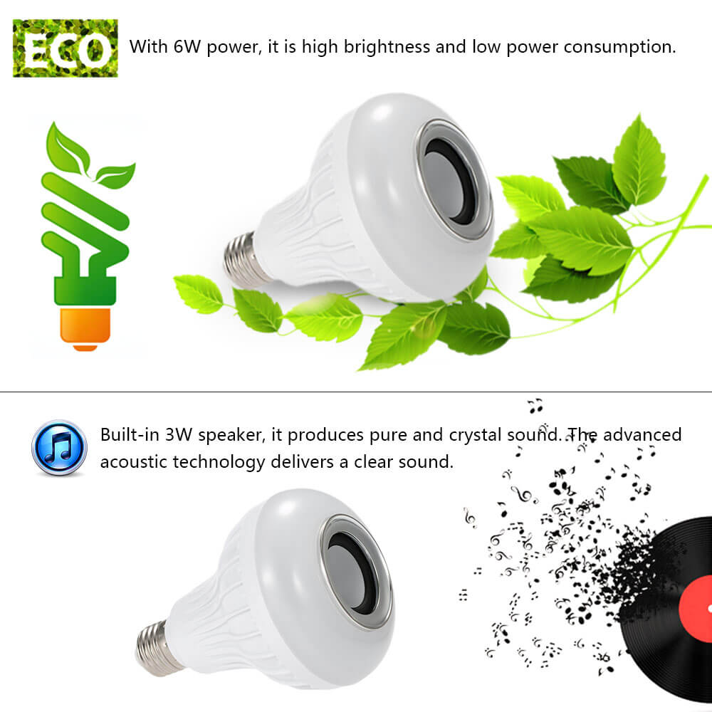 TS-D02 Wireless Bluetooth Speaker LED Bulb 6W E27 RGBW Music Audio Playing Light Lamp with IR Remote Control for Android iOS - White