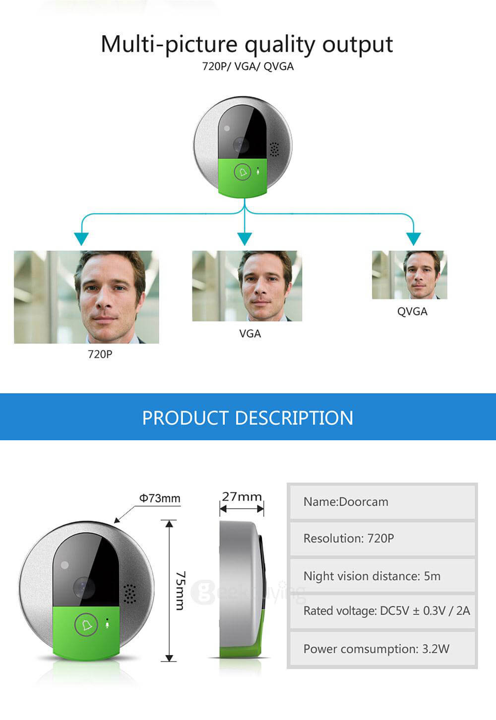 VStarcam C7895WIP 720P HD WiFi IP Camera Wireless Door Bell support SD Card Video Door Phone Recorder - Gray