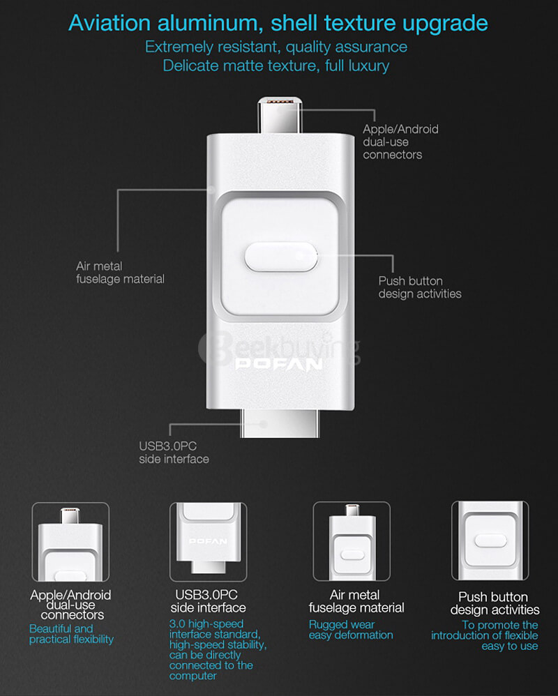 POFAN 3-in-1 32GB Mobile 8pin & USB 3.0 Flash Drive Push-Pull Type U Disk for iPhone iPad / PC / Android Phones - Black