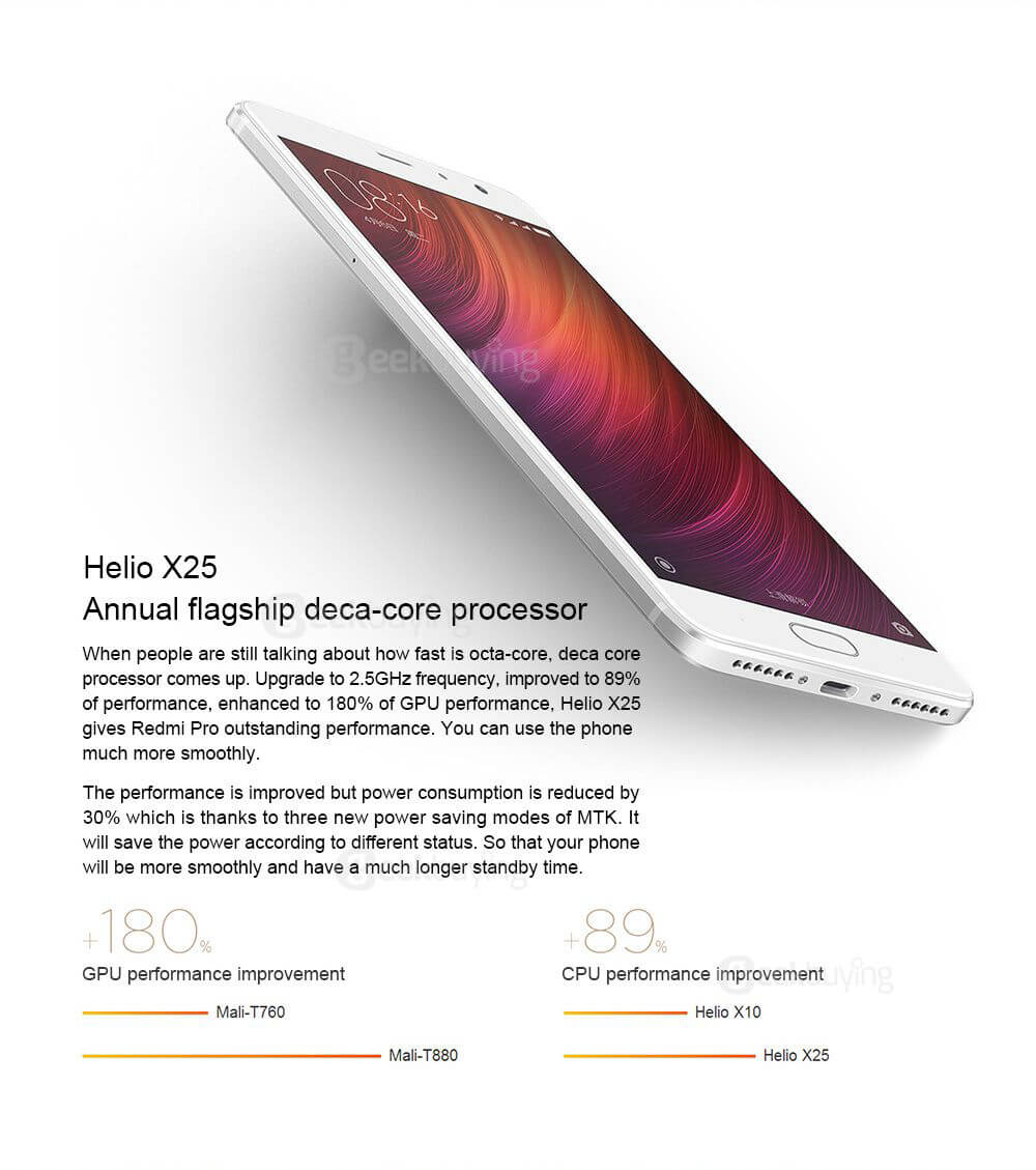 Xiaomi Redmi Pro 5.5inch OLED FHD Screen 4G VoLTE Android 6.0 Smartphone Helio X25 Deca Core 2.5GHz 4GB 128GB TOUCH ID Brushed Metal Body Type-C 4050 mAh - Gold