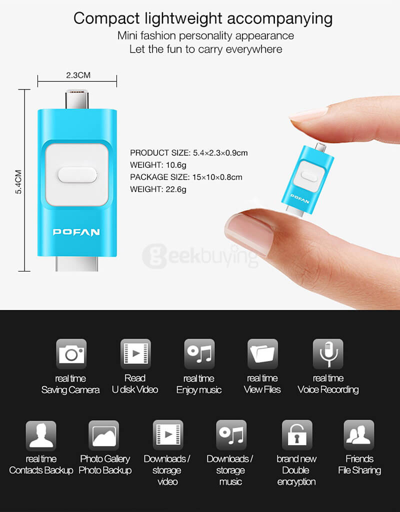 POFAN 3-in-1 32GB Mobile 8pin & USB 3.0 Flash Drive Push-Pull Type U Disk for iPhone iPad / PC / Android Phones - Black