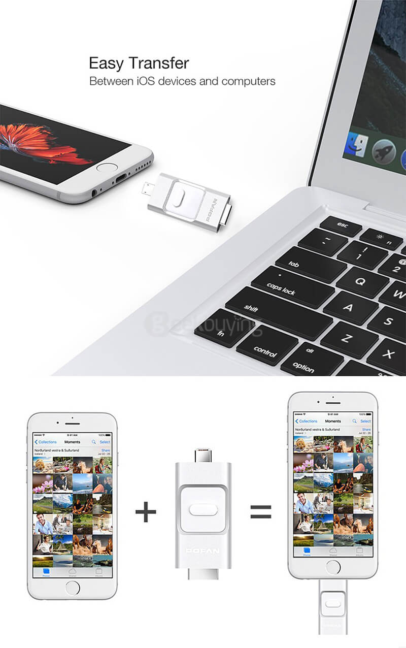 POFAN 3-in-1 32GB Mobile 8pin & USB 3.0 Flash Drive Push-Pull Type U Disk for iPhone iPad / PC / Android Phones - Black