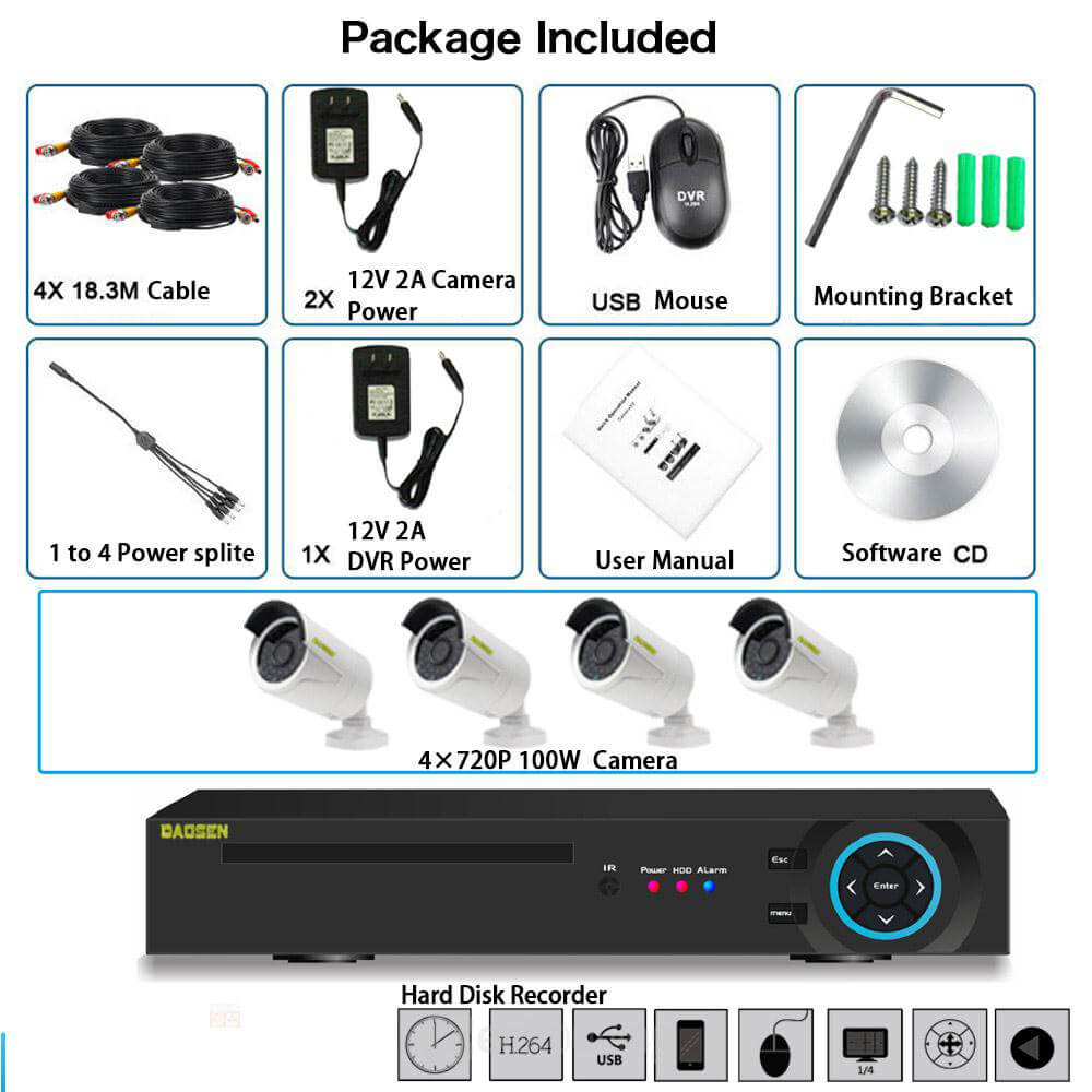 A4X100W1A 4CH HDMI 720P HD Waterproof Outdoor IR-CUT Security Cameras 100W HD Camera Kit