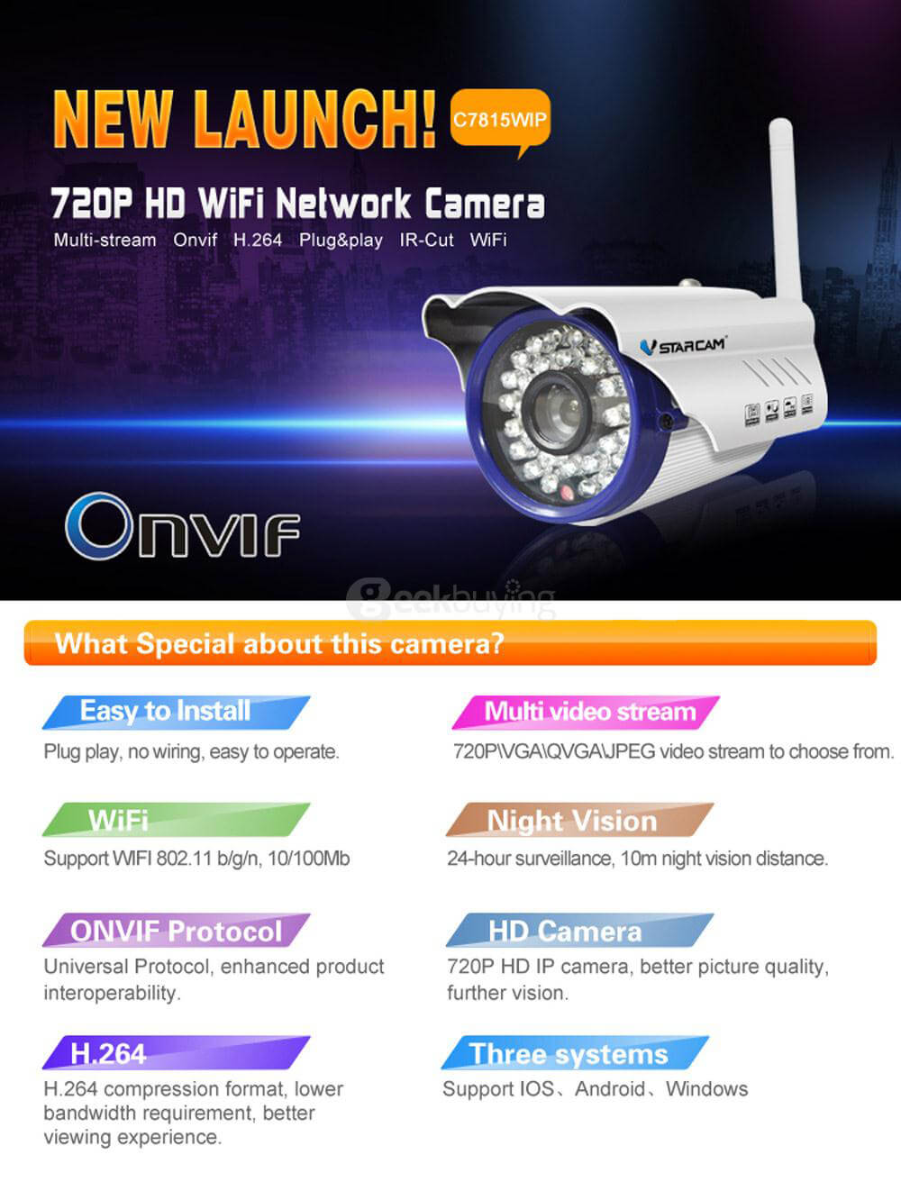 Vstarcam C7815WIP 720P HD WiFi IP Camera H.264 Multi-stream ONVIF/RTSP Protocol Network Camera