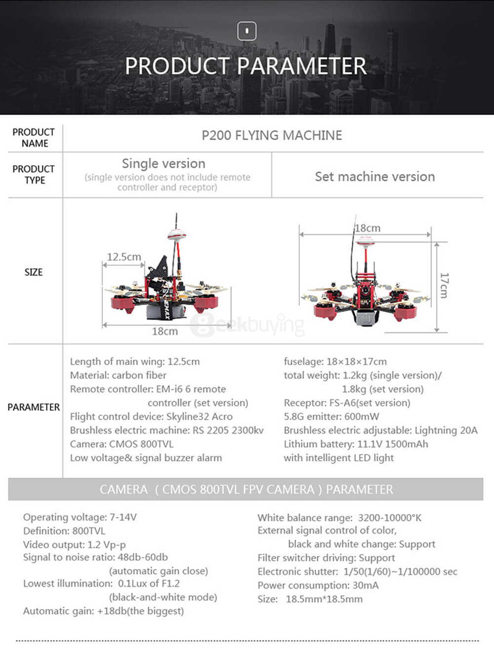 JJRC JJPRO-P200 5.8G 48CH Raceband FPV With Skyline32 CMOS 800TVL Camera RC Racing Drone ARF