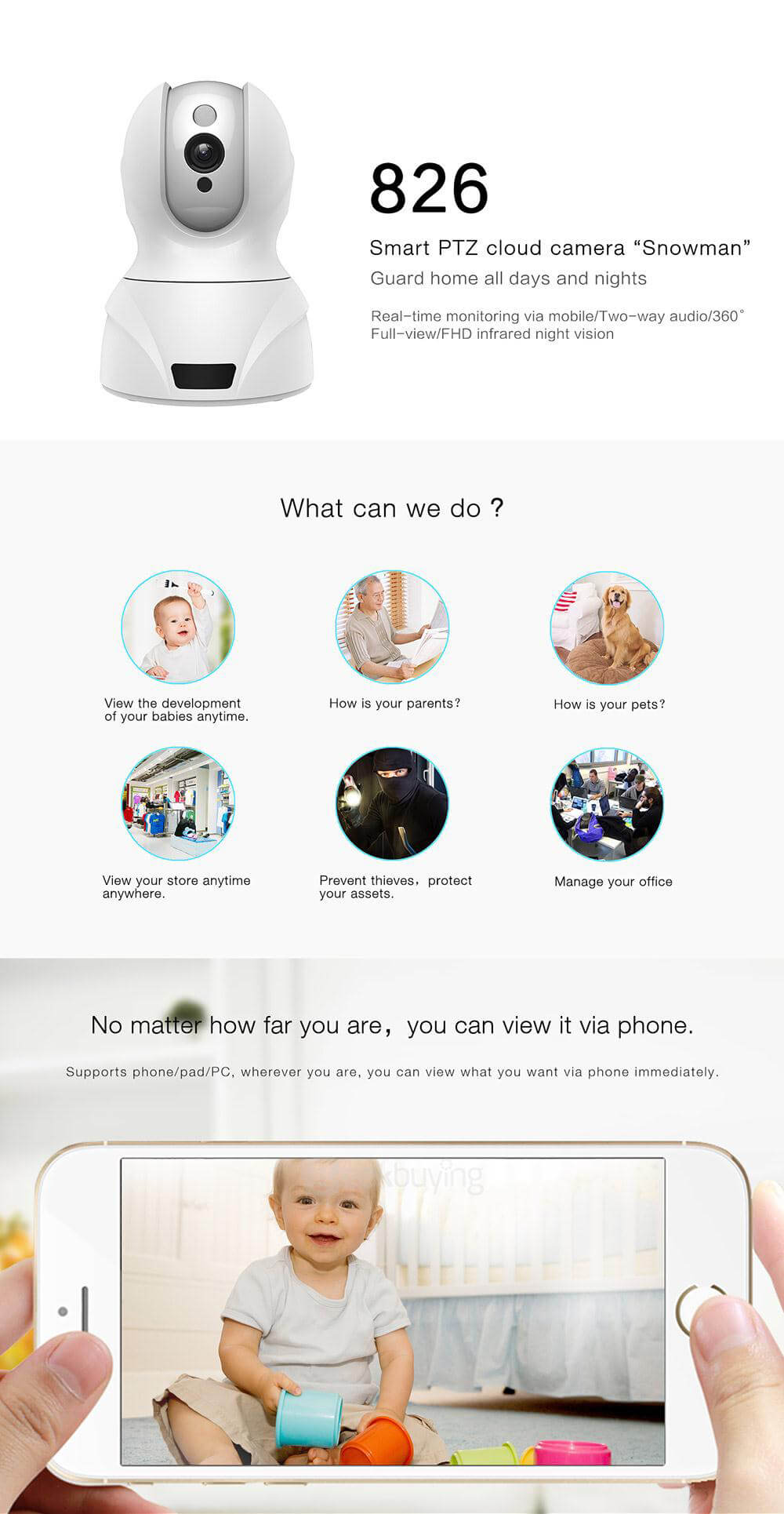 826 Smart Wireless PTZ Cloud Camera H.264 Video Compression Night Vision Indoor Camera