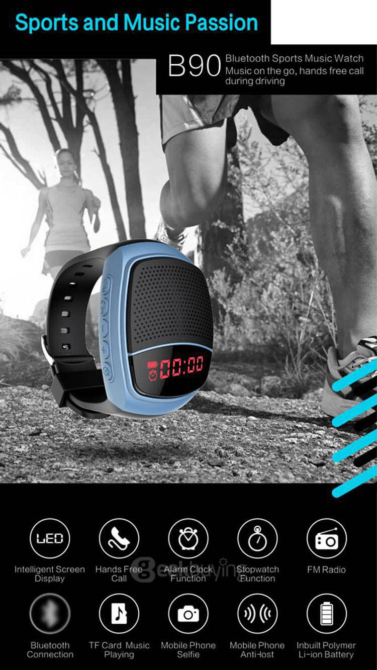 B90 Wireless Bluetooth Speaker Smartwatch with LED Display / Hands-free Call / TF Card Support / FM Radio / Remote Selfie - Blue