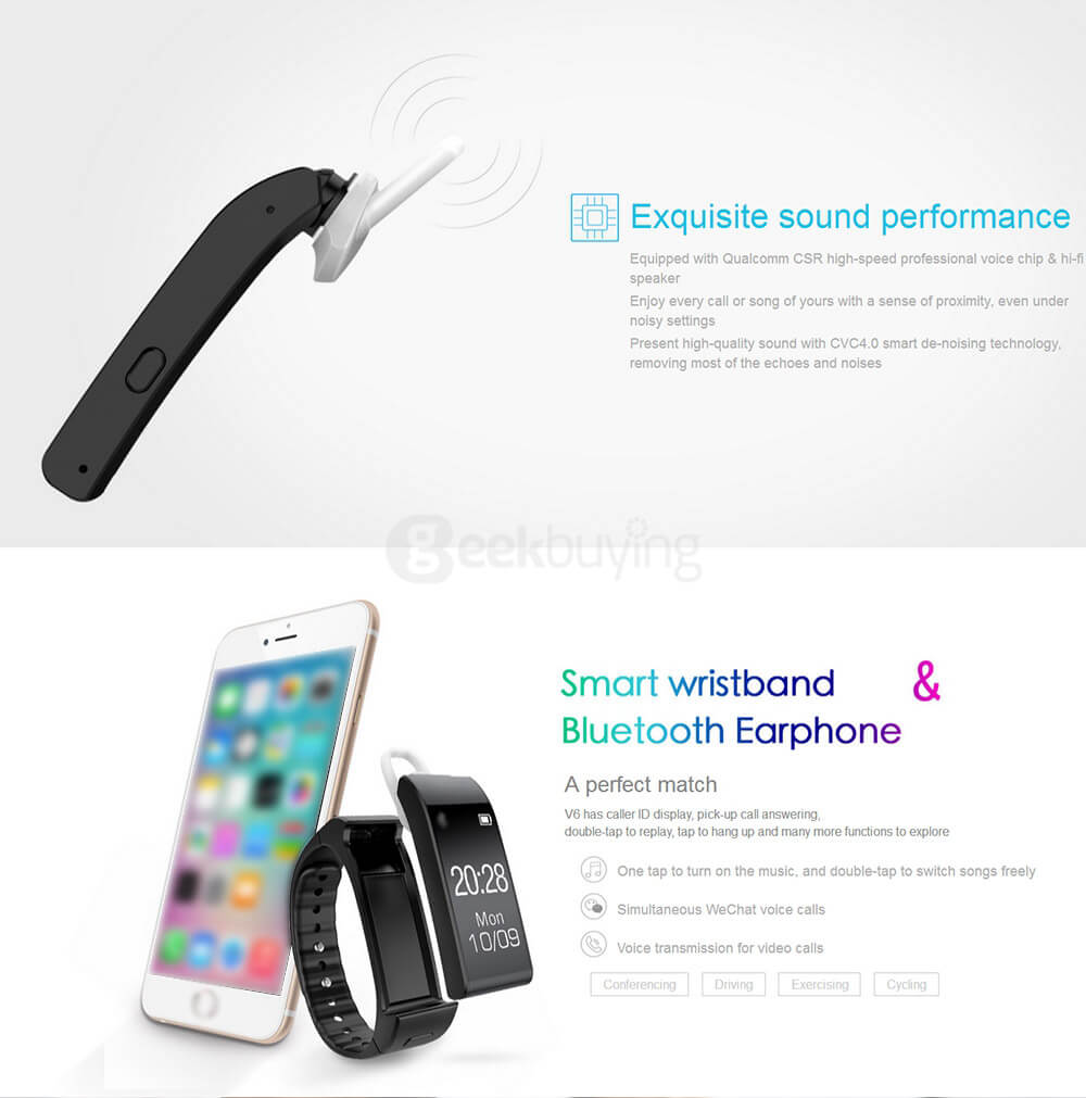 iWOWN V6 Voice Talkband Smart Bracelet with Bluetooth 4.0 Headset Sleep Monitor Fitness Tracker Caller ID Display for Android iOS - Black