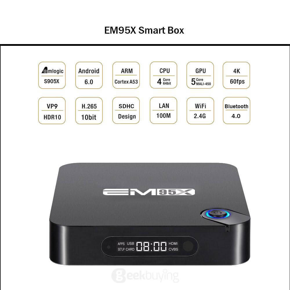 Bundle EM95X Amlogic S905X Android 6.0 Marshmallow TV BOX 1G/8G WIFI Bluetooth KODI LED Display + Rii i8+ Hebrew Israel Air Mouse Black