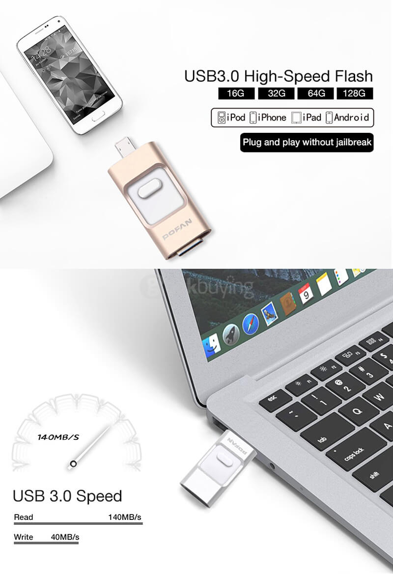 POFAN 3-in-1 32GB Mobile 8pin & USB 3.0 Flash Drive Push-Pull Type U Disk for iPhone iPad / PC / Android Phones - Black