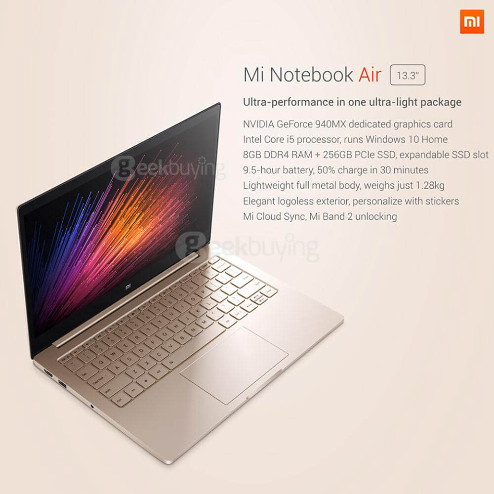 Xiaomi Mi Notebook Air 13.3 inch Laptop Intel Core i5-6200U Dual Core 2.7GHz Windows 10 Home 8GB RAM 256GB SATA SSD FHD 1920*1080 Bluetooth 4.1 WiFi Backlight Keyboard - Silver