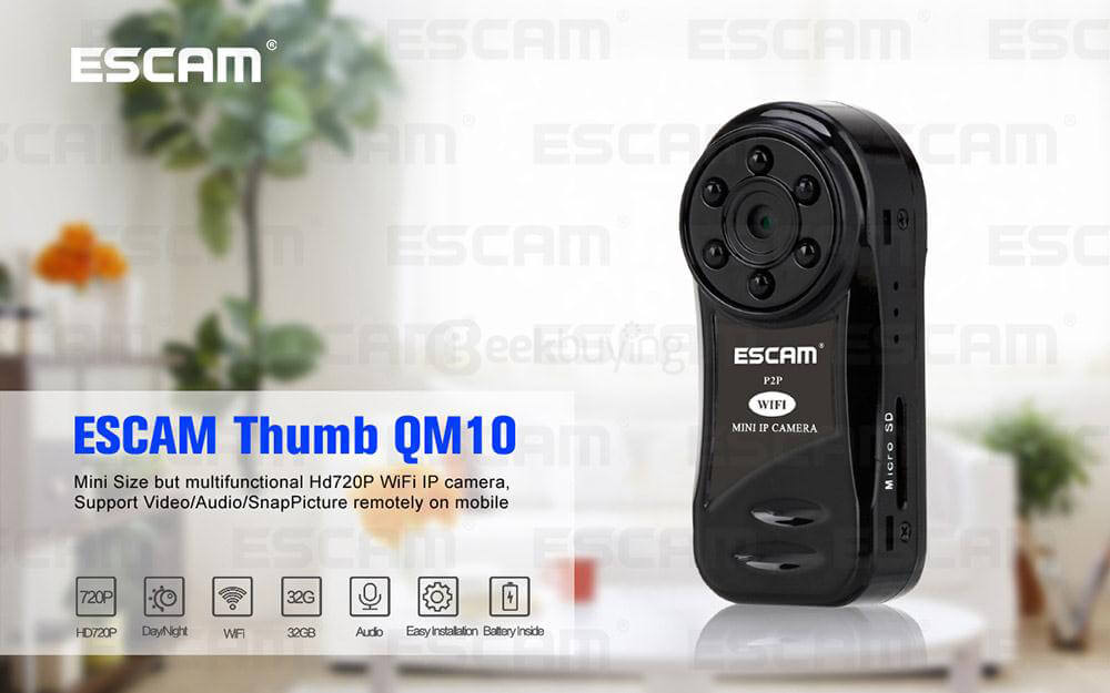 ESCAM Thumb QM10 HD 720P WiFi IP Camera Mini Size Multifunctional IP Camera with Motion Deteciton - Black