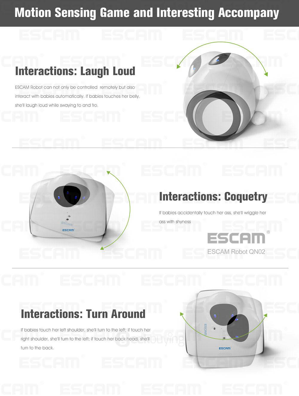 ESCAM Robot QN02 720P WiFi Mobile Camera Touch Interactive Move Laugh Automatically Charge Support Remote Video - Green