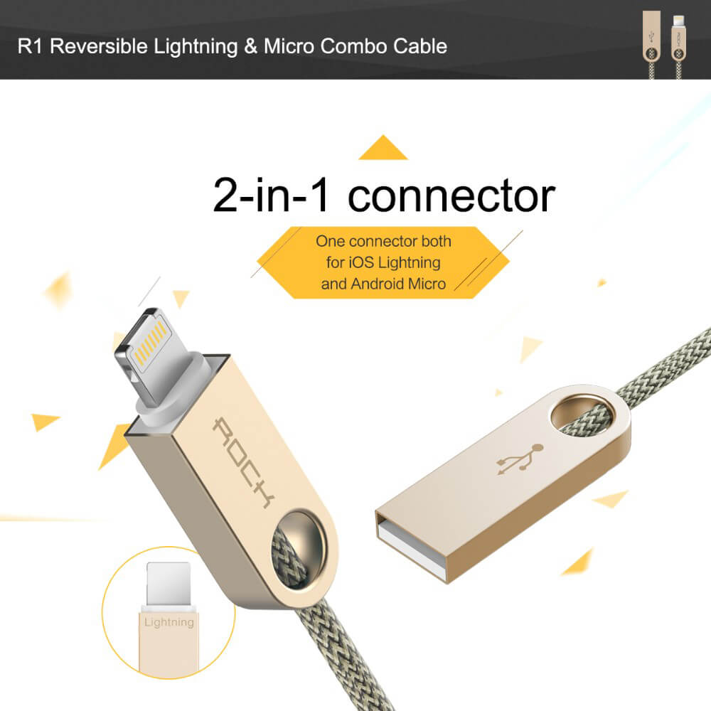 ROCK R1 Reversible 8Pin & Micro Combo Cable USB Charging Cable 2 in 1 Connector Data Transfer Cable For Apple / Android - Yellow