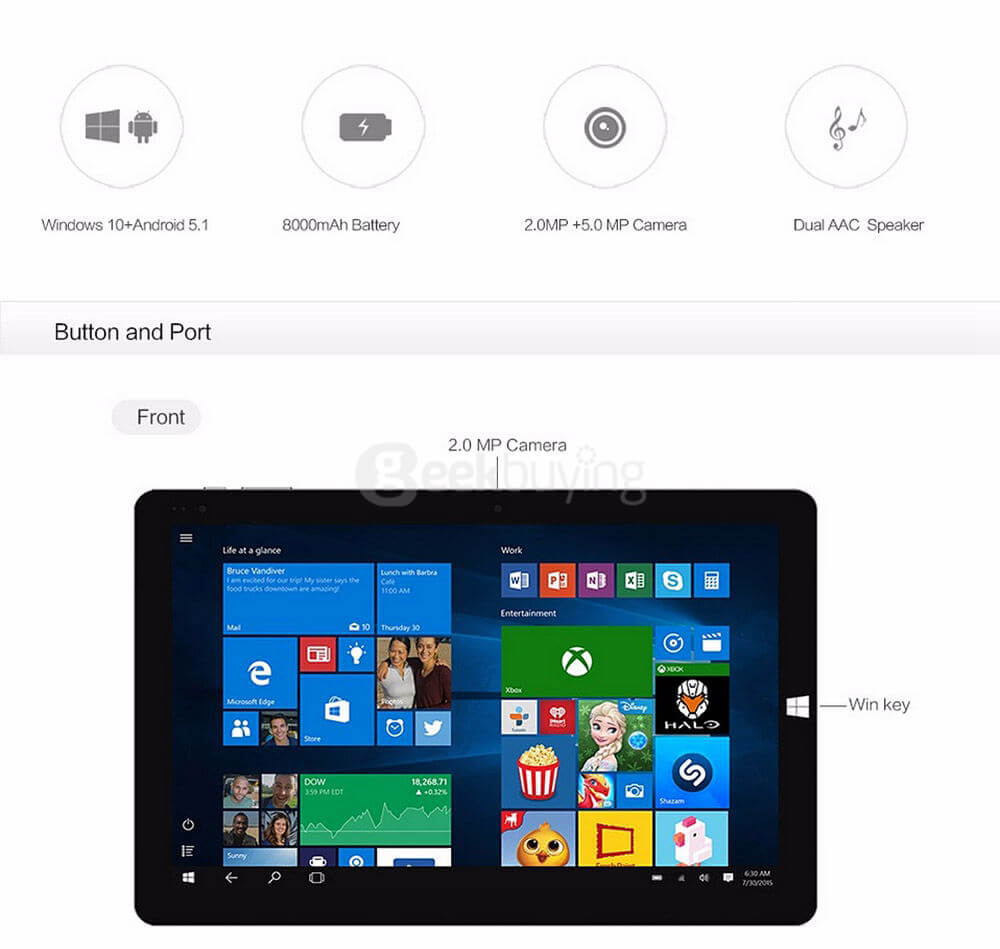 CHUWI HiBook Pro 2in1 Tablet Intel Cherry Trail Z8300 10.1 inch Dual OS Windows 10 + Android 5.1 4GB/64GB Quad Core 1.84GHz 2560*1600 OGS IPS Screen Type-C - Gray