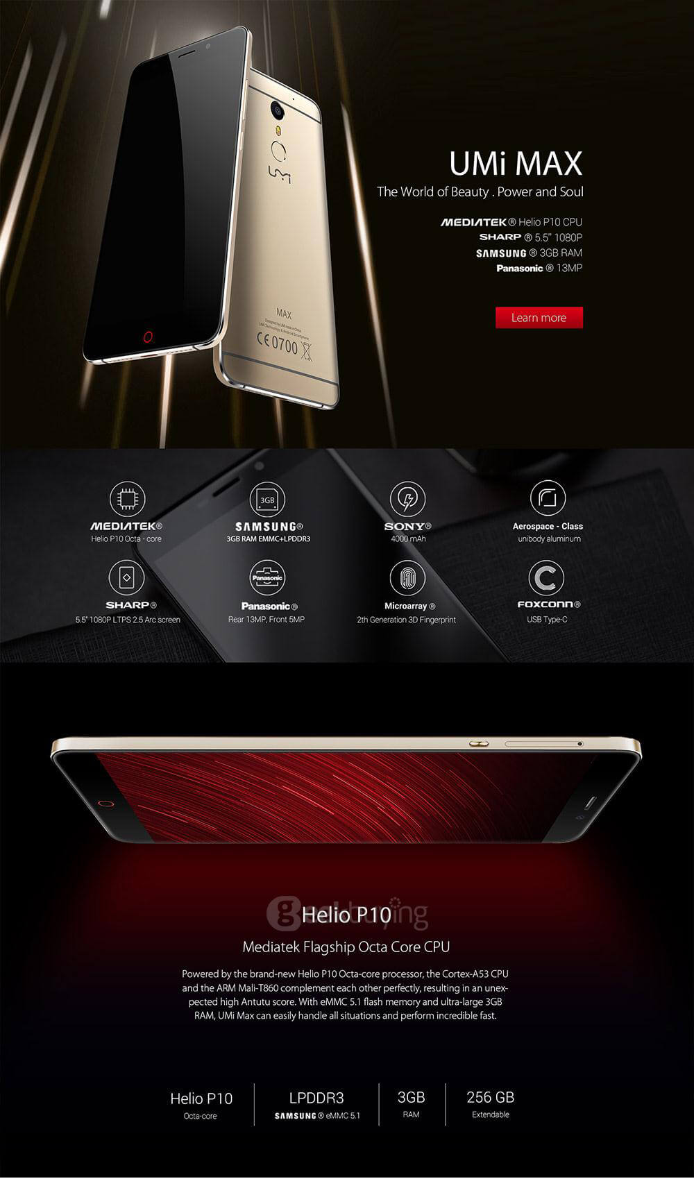 UMI MAX 5.5inch FHD 4G LTE 4000mAh Android 6.0 Smartphone MT6755 Helio P10 Octa Core 3GB 16GB 13.0MP Touch ID Type-C LED Notification - Gray