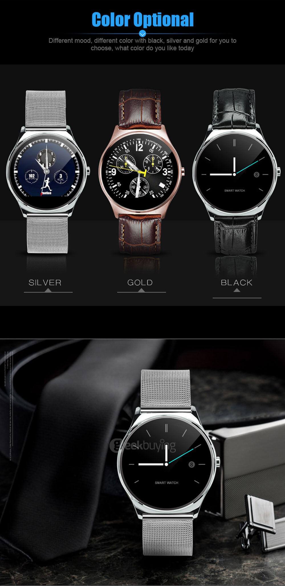 Makibes US03 Dual Bluetooth Smart Watch MTK2502C Heart Rate Monitor Sleep Tracker Remote Camera Music Player Info Push 9.8MM Round Screen For iOS Android - Silver