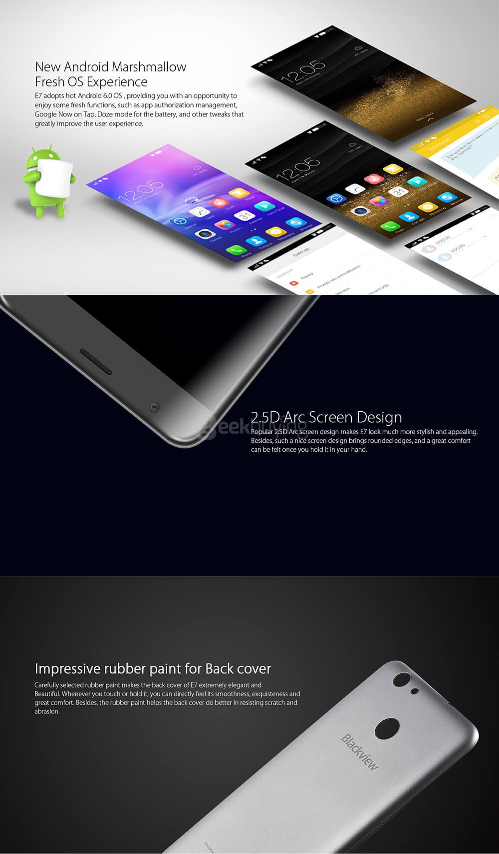 BLACKVIEW E7 5.5inch HD Arc Screen Android 6.0 4G LTE Smartphone MT6737 Quad Core 1GB RAM 16GB ROM 2.0MP 8.0MP Touch ID - Dark gray