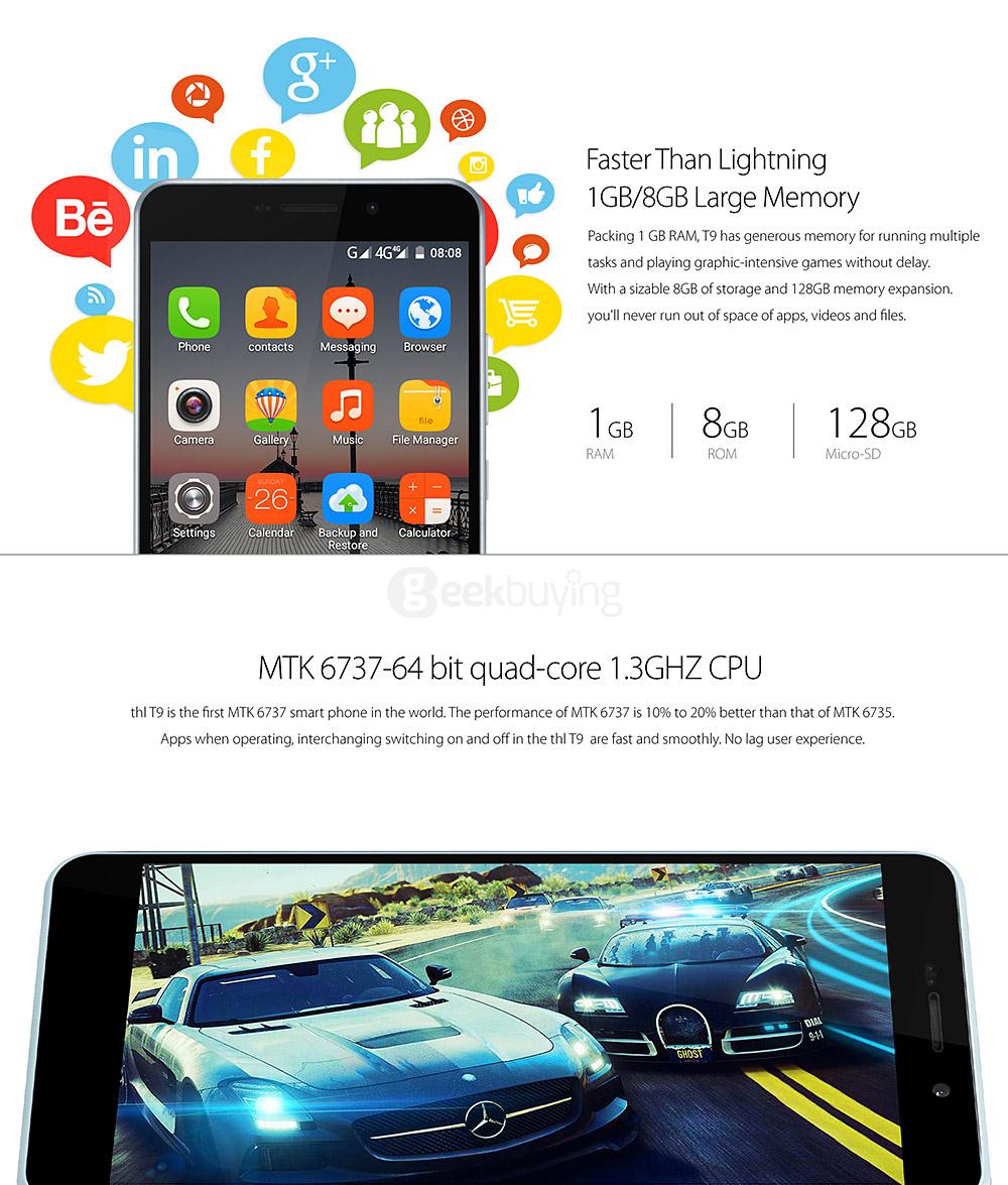 THL T9 5.5inch HD Screen Android 6.0 4G LTE MT6737 Quad Core Smartphone 1GB RAM 8GB ROM 13.0MP Camera Touch ID 3000mAh WIFI GPS - White