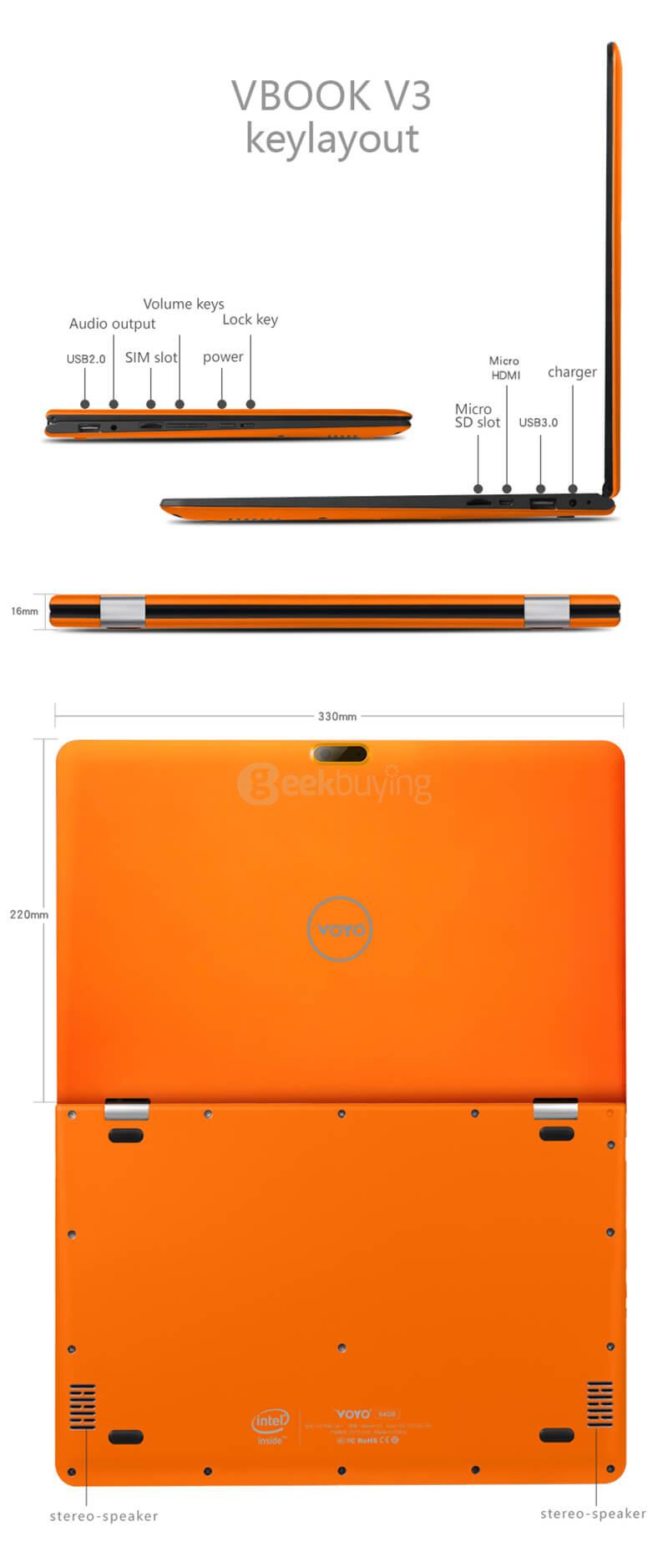 Voyo VBook V3 Fingerprint Version Ultrabook 13.3 inch Windows 10 4GB/64GB Intel Cherry Trail Z8300 Quad 1.84GHz IPS 1920*1080 (With Keyboard and Stylus) - Orange