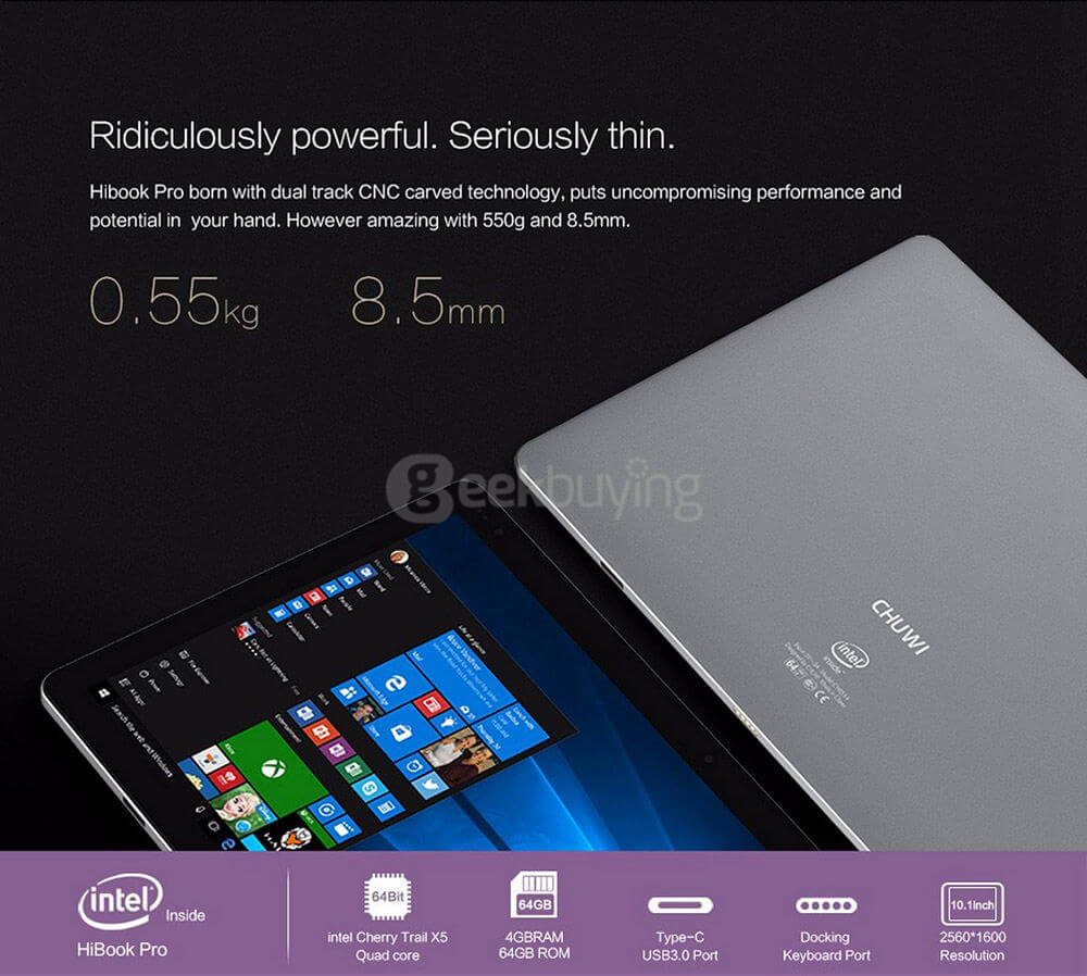 CHUWI HiBook Pro 2in1 Tablet Intel Cherry Trail Z8300 10.1 inch Dual OS Windows 10 + Android 5.1 4GB/64GB Quad Core 1.84GHz 2560*1600 OGS IPS Screen Type-C - Gray