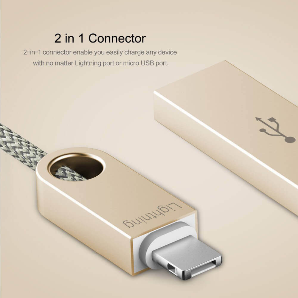 ROCK R1 Reversible 8Pin & Micro Combo Cable USB Charging Cable 2 in 1 Connector Data Transfer Cable For Apple / Android - Yellow