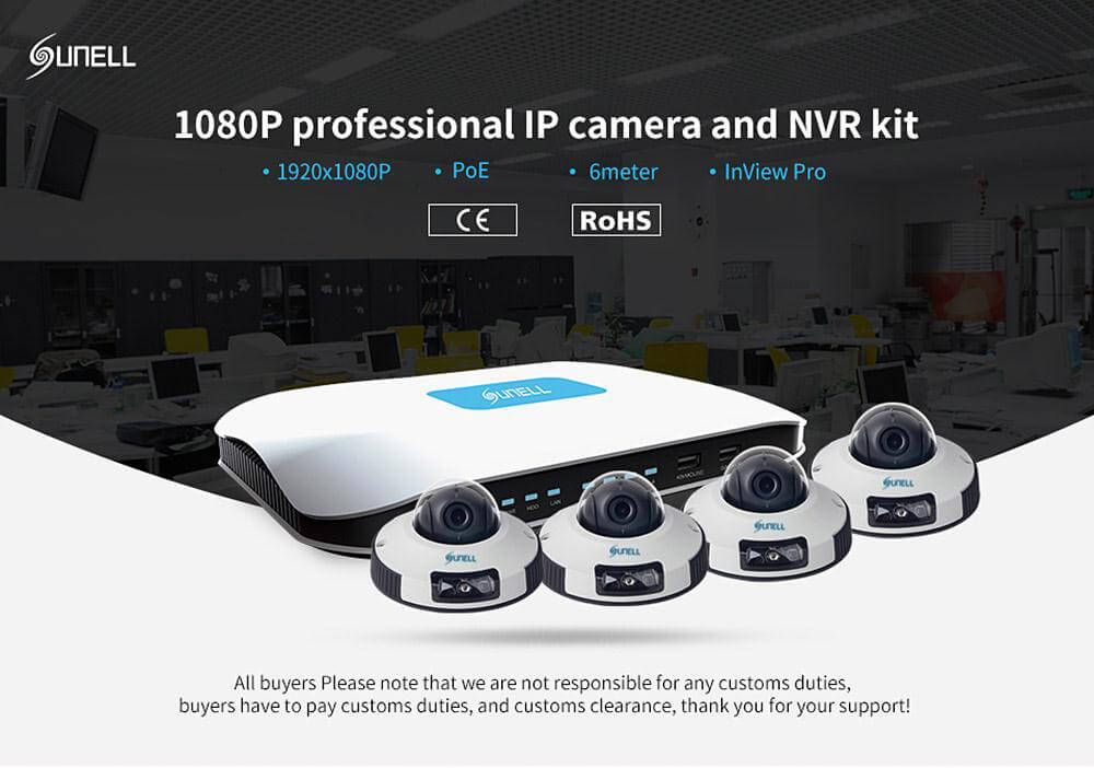 Sunell EA-92491 4CH 1080P Professional IP Camera and NVR Kit Support Mobile Remote Accession IP66 Waterproof