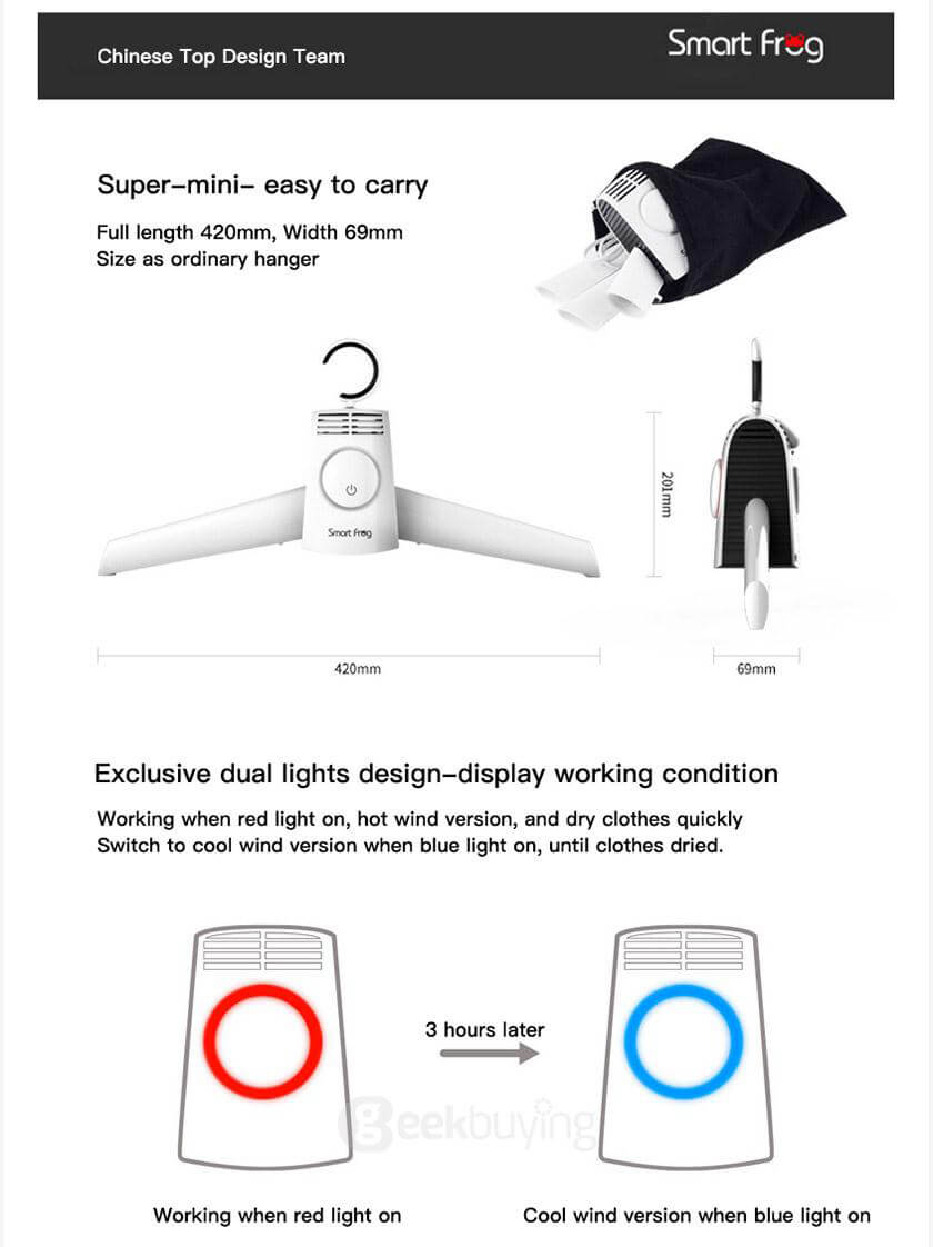 Smart Frog HY-GYQ-01A Electric Clothes Dryer Hanger Clothes Dryer Shoes Dryer - White