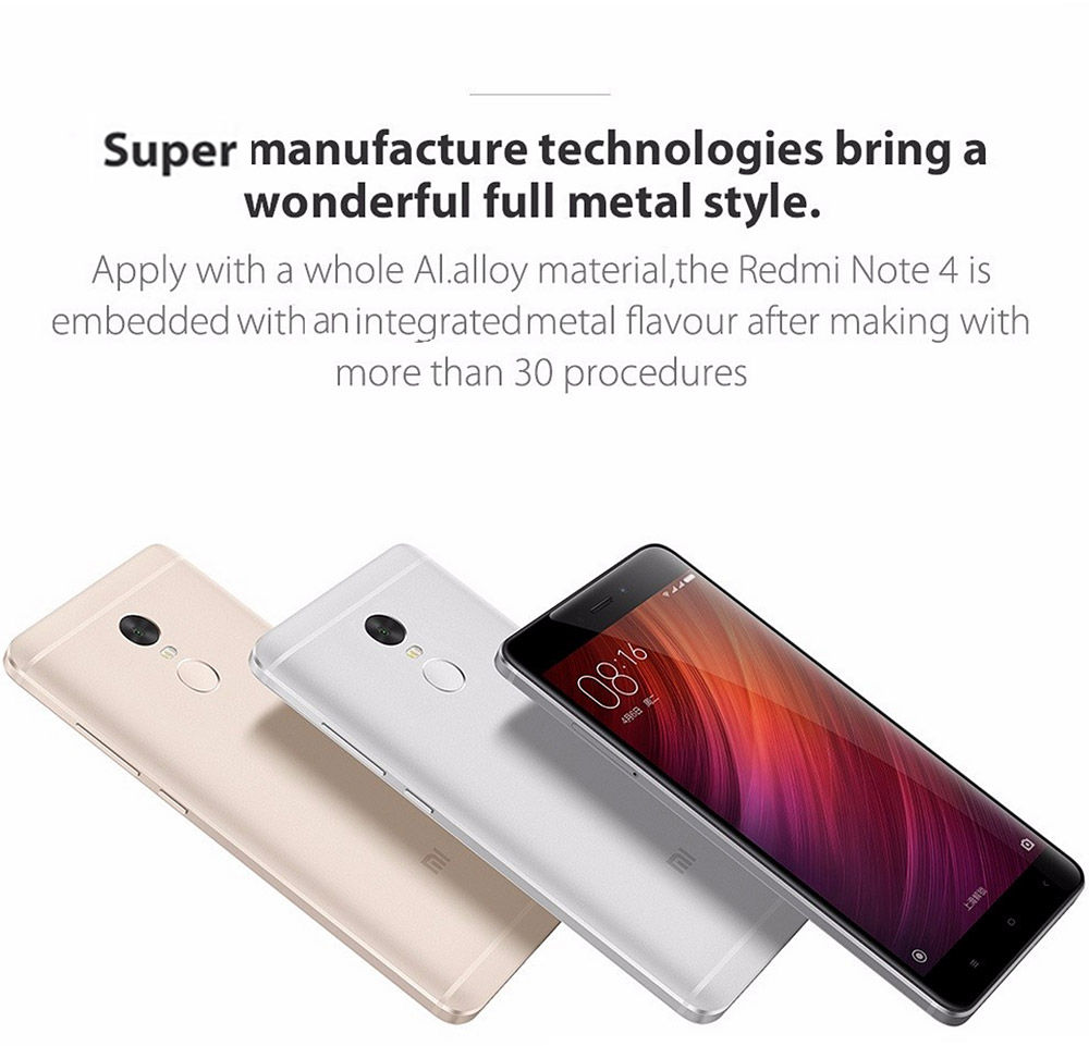 Xiaomi Redmi Note 4 5.5inch FHD 2.5D Arc Screen MIUI 8 4G LTE Smartphone Helio X20 MT6797 Deca Core 2GB RAM 16GB ROM 13.0MP Touch ID 4100mAh Metal Body - Gold