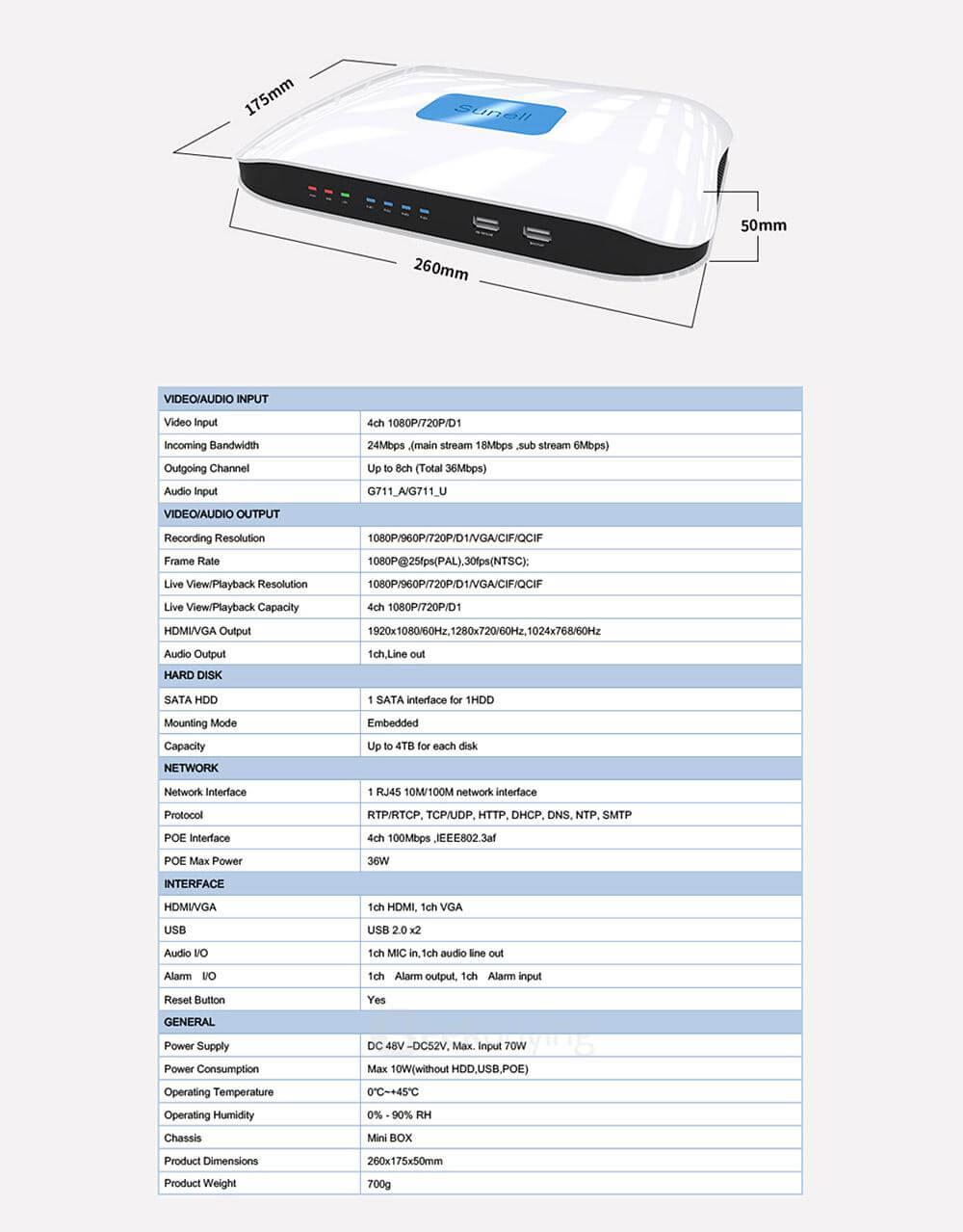 Sunell EA-92491 4CH 1080P Professional IP Camera and NVR Kit Support Mobile Remote Accession IP66 Waterproof