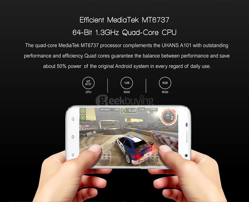 UHANS A101 5.0inch HD Android 6.0 4G LTE MT6737 Quad Core Smartphone 1GB RAM 8GB ROM 5.0MP 8.0MP Cameras WIFI GPS - Black