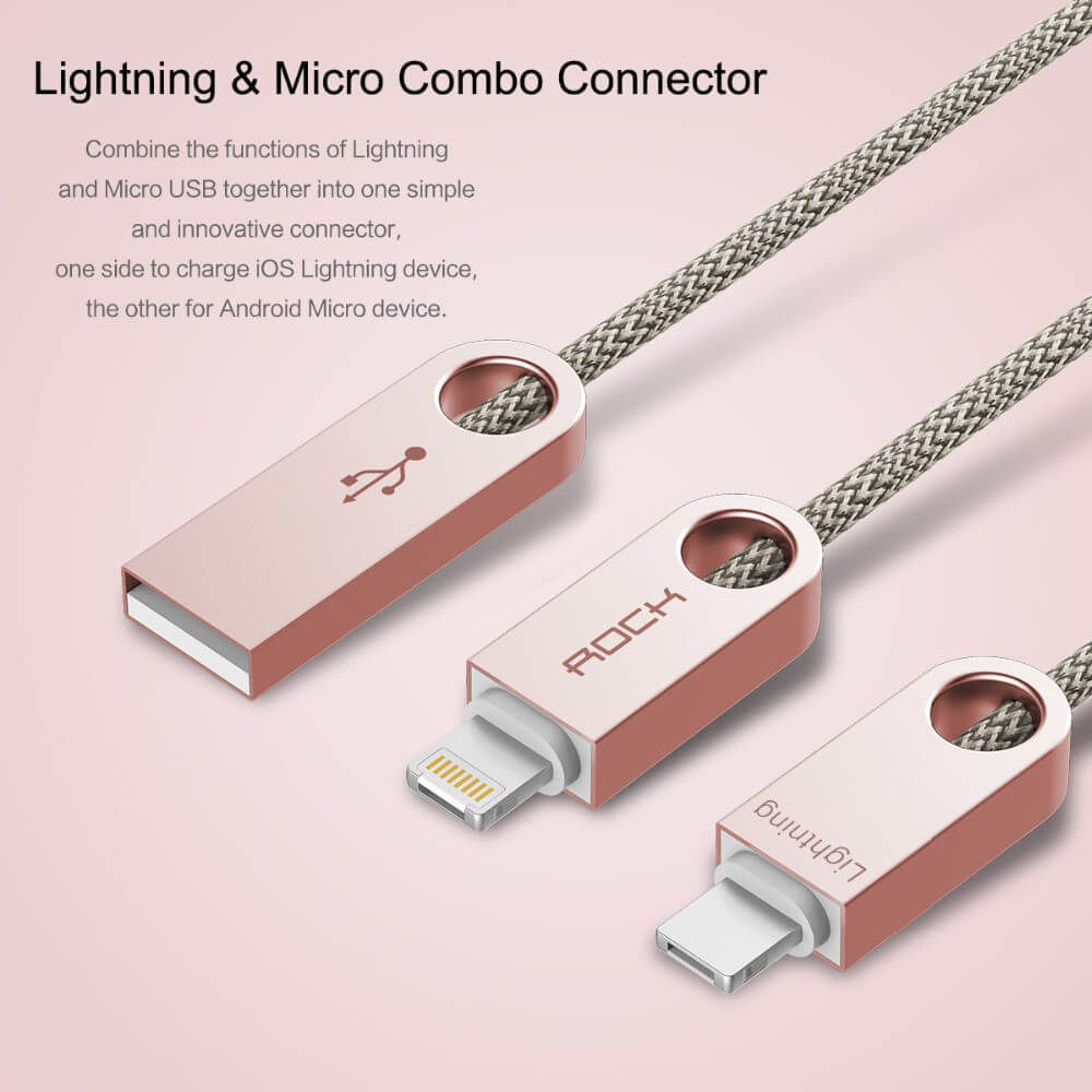 ROCK R1 Reversible 8Pin & Micro Combo Cable USB Charging Cable 2 in 1 Connector Data Transfer Cable For Apple / Android - Yellow