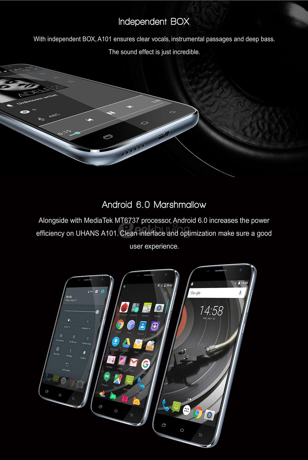 UHANS A101 5.0inch HD Android 6.0 4G LTE MT6737 Quad Core Smartphone 1GB RAM 8GB ROM 5.0MP 8.0MP Cameras WIFI GPS - Black