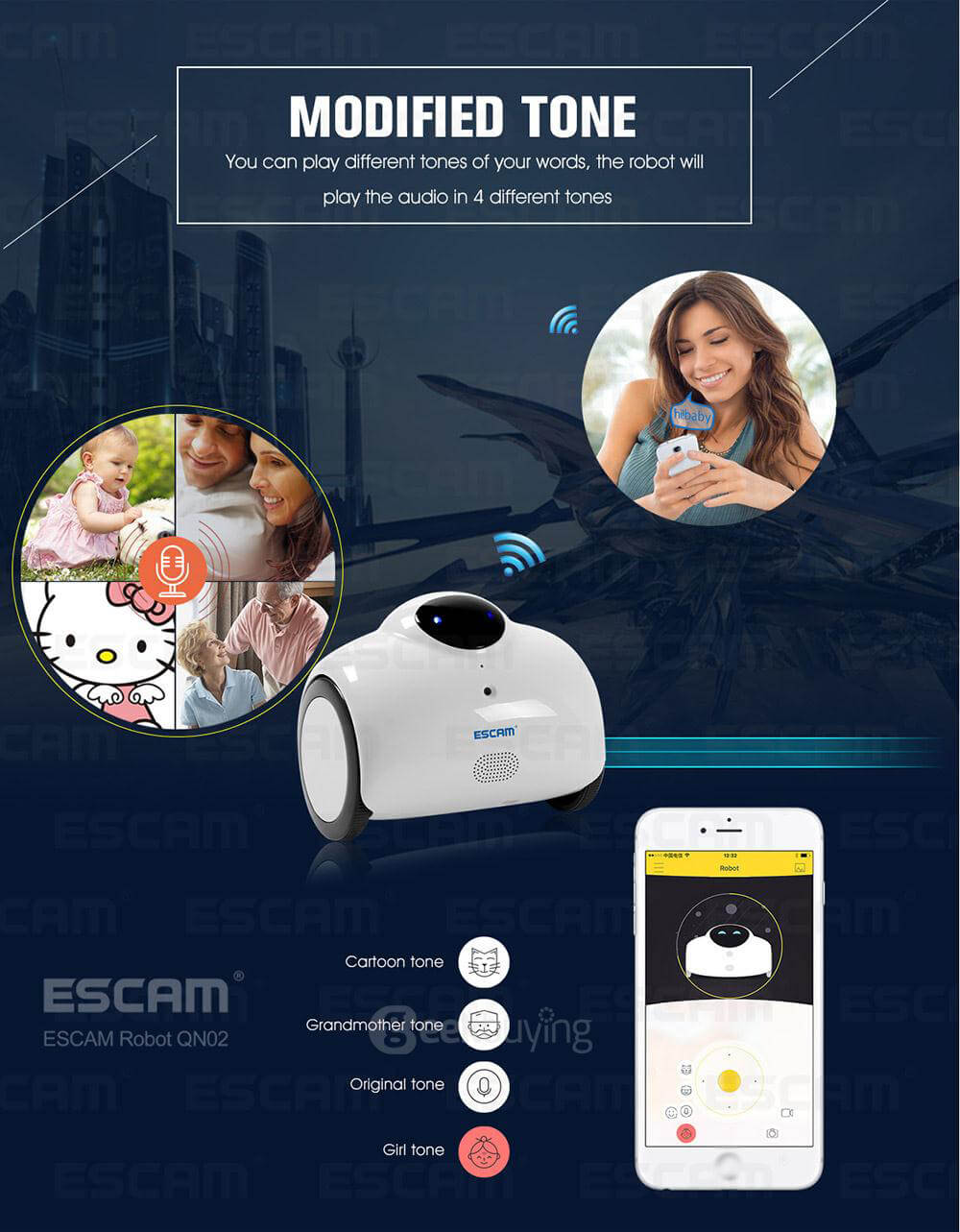 ESCAM Robot QN02 720P WiFi Mobile Camera Touch Interactive Move Laugh Automatically Charge Support Remote Video - Yellow