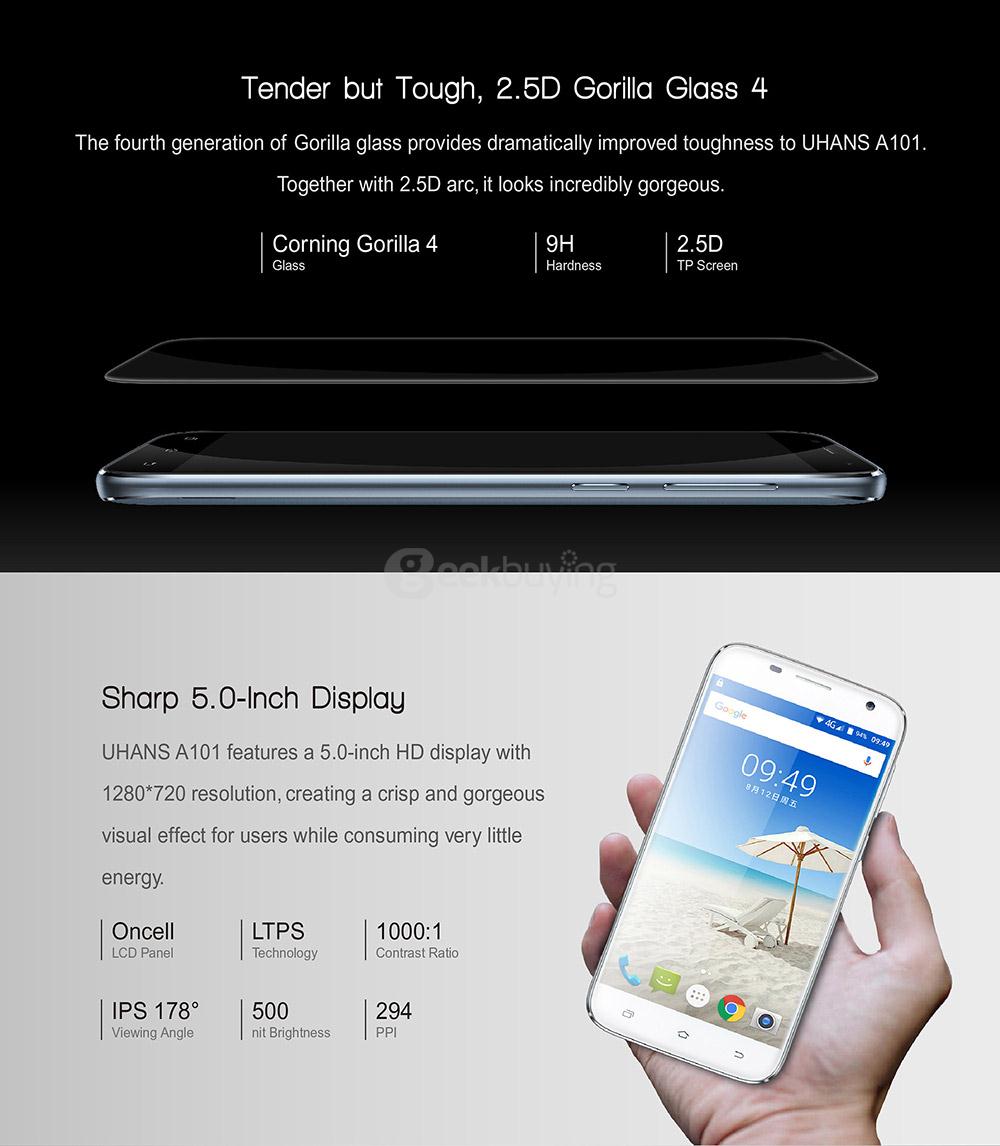 UHANS A101 5.0inch HD Android 6.0 4G LTE MT6737 Quad Core Smartphone 1GB RAM 8GB ROM 5.0MP 8.0MP Cameras WIFI GPS - Black