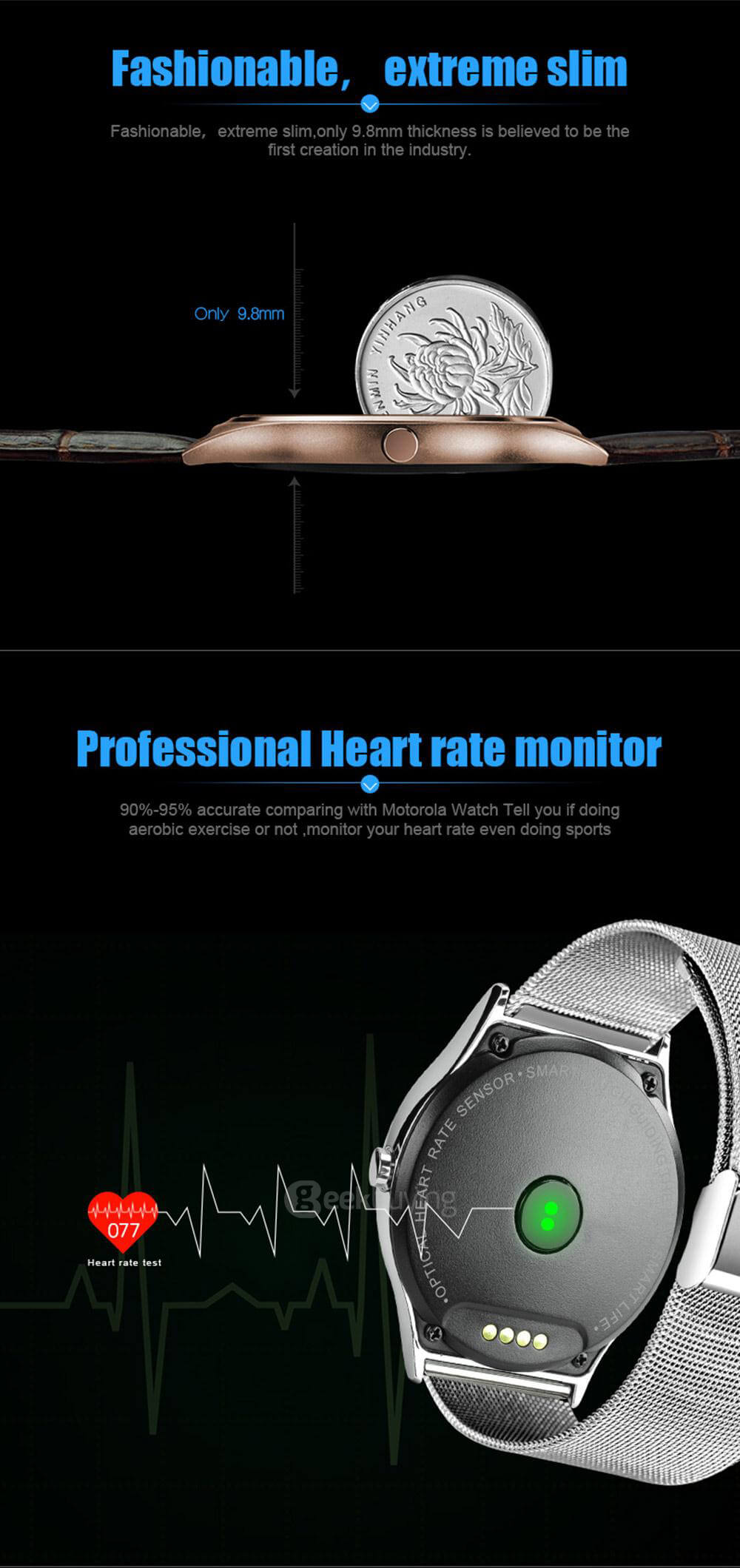 Makibes US03 Dual Bluetooth Smart Watch MTK2502C Heart Rate Monitor Sleep Tracker Remote Camera Music Player Info Push 9.8MM Round Screen For iOS Android - Brown