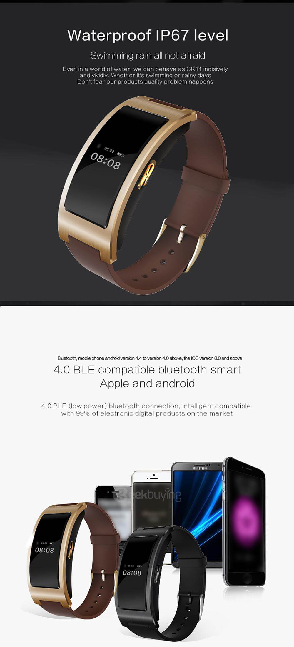 CK11 Bluetooth 4.0 Smart Bracelet Heart Rate / Blood Oxygen Monitor Sleep Tracker Drink Reminder Call Reminder Anti-lost for iOS Android - Black