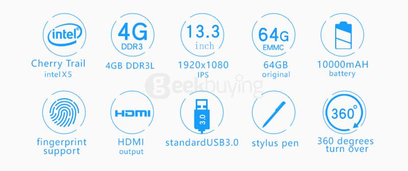 Voyo VBook V3 Fingerprint Version Ultrabook 13.3 inch Windows 10 4GB/64GB Intel Cherry Trail Z8300 Quad 1.84GHz IPS 1920*1080 (With Keyboard and Stylus) - Orange