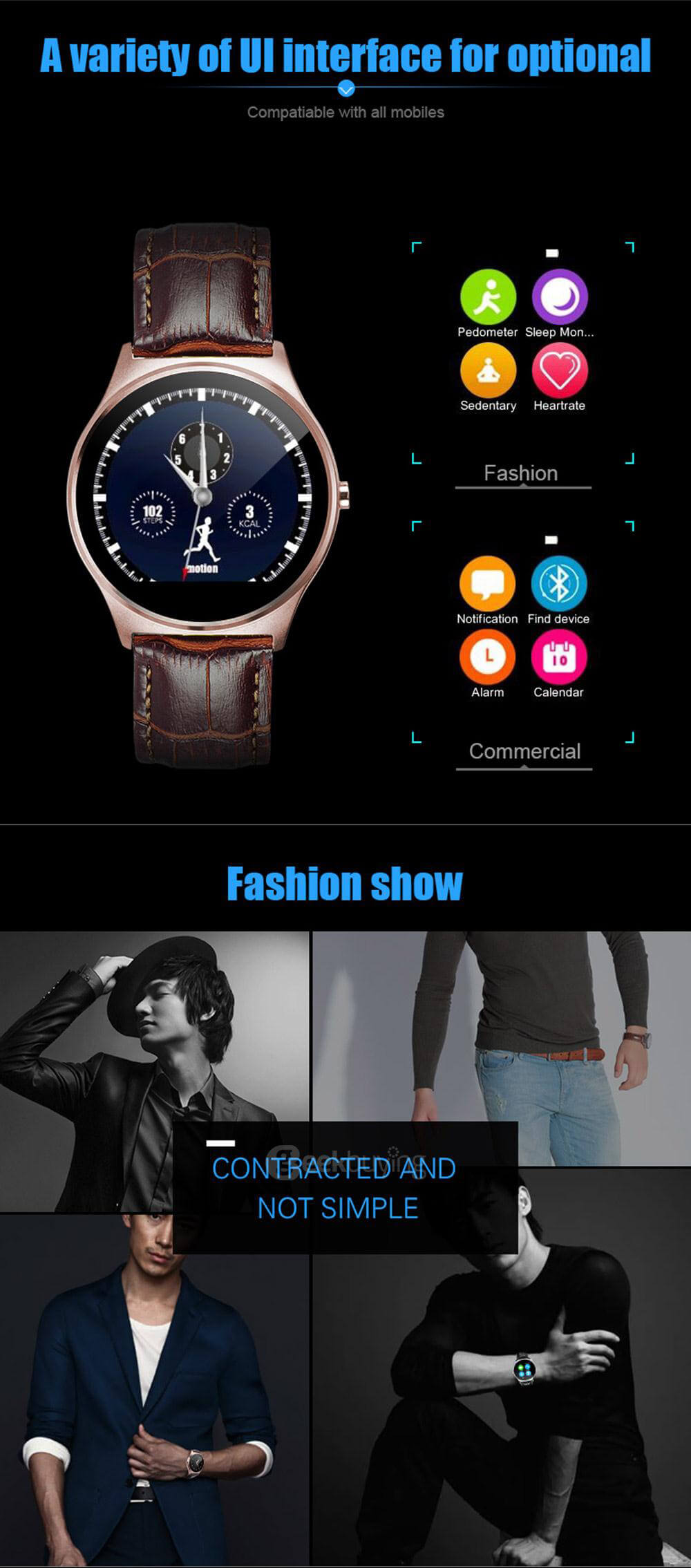 Makibes US03 Dual Bluetooth Smart Watch MTK2502C Heart Rate Monitor Sleep Tracker Remote Camera Music Player Info Push 9.8MM Round Screen For iOS Android - Brown