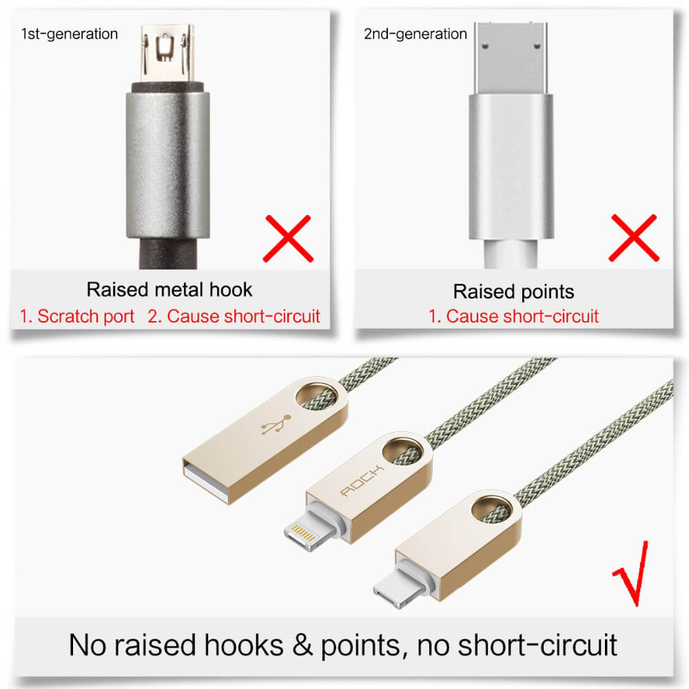 ROCK R1 Reversible 8Pin & Micro Combo Cable USB Charging Cable 2 in 1 Connector Data Transfer Cable For Apple / Android - Yellow