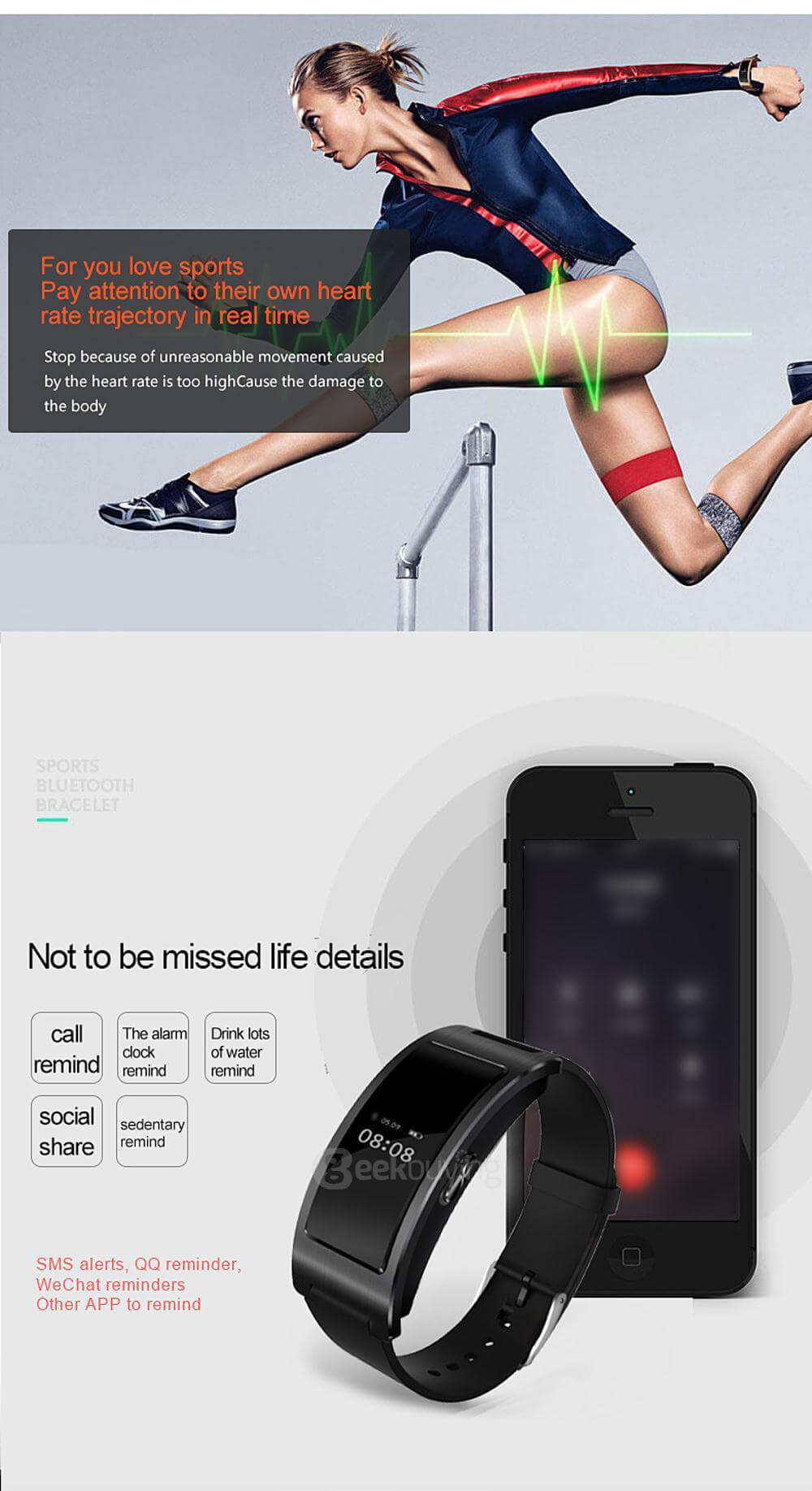 CK11 Bluetooth 4.0 Smart Bracelet Heart Rate / Blood Oxygen Monitor Sleep Tracker Drink Reminder Call Reminder Anti-lost for iOS Android - Black